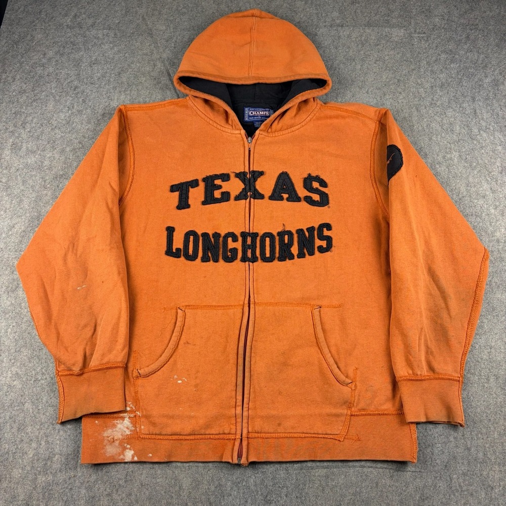 VTG Texas Longhorns Orange Zip Up Hoodie Mens Large Distressed Champs Sports Y2K